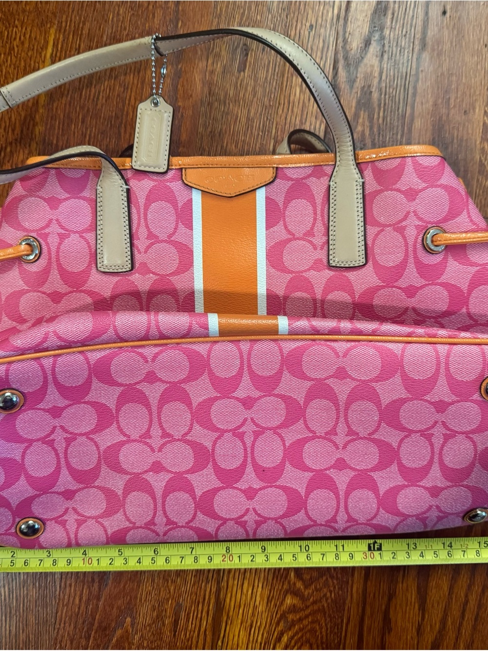 Coach Pink Signature Stripe Tote with Orange Accent - Picture 5 of 5